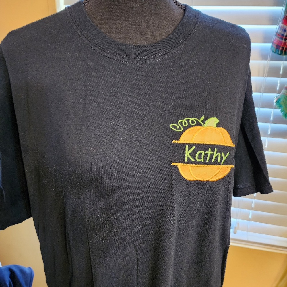 Pumpkin embroidered tee shirt With Kathy on the Pumpkin